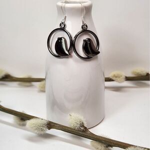 Bird Charm Earrings, gunmetal black, sterling silver french earwires